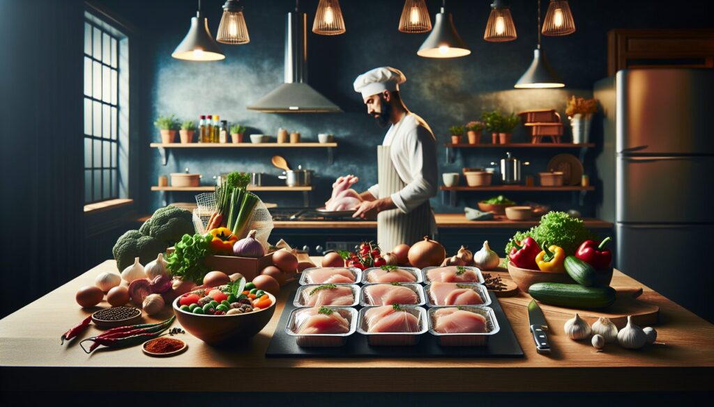 Pre-marinated halal chicken packs with fresh vegetables, spices, and a family in a modern kitchen.