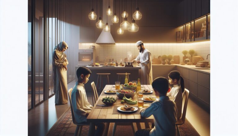 Muslim family in modern kitchen preparing a quick Halal dinner together with warmth and unity.