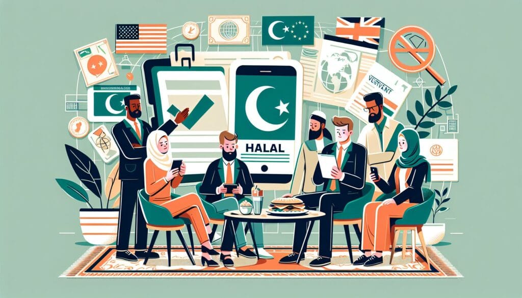 Muslim family in western attire checks if their meal is Halal using a digital device.