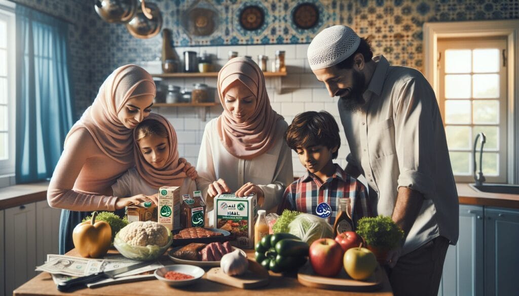 West European family examines Halal food ingredients in kitchen, reflecting Islamic lifestyle.