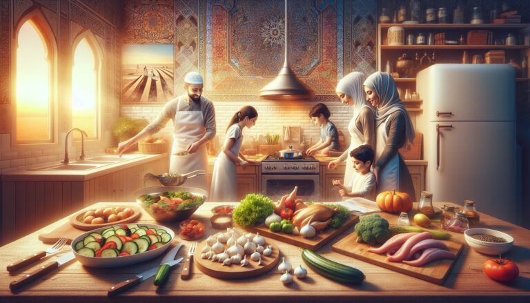 Family of diverse backgrounds prepares Halal meals in a well-lit kitchen with fresh ingredients.