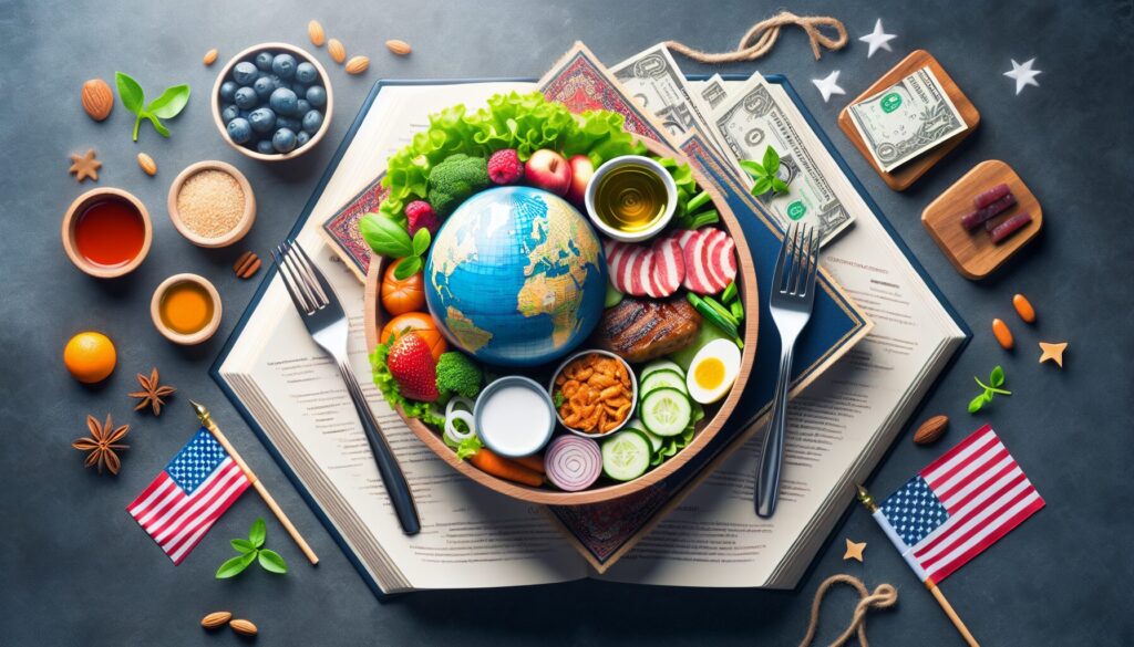 A vibrant family kitchen scene with a mother and child preparing colorful Halal ingredients together.