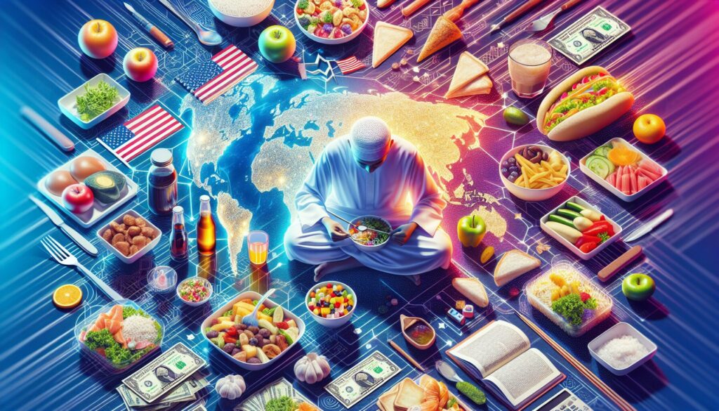 Muslim family meal prepping with fresh ingredients in a modern American kitchen setting.