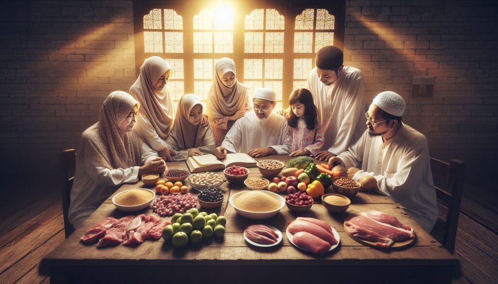 Family planning a Halal meal together, surrounded by fresh ingredients on a wooden table.