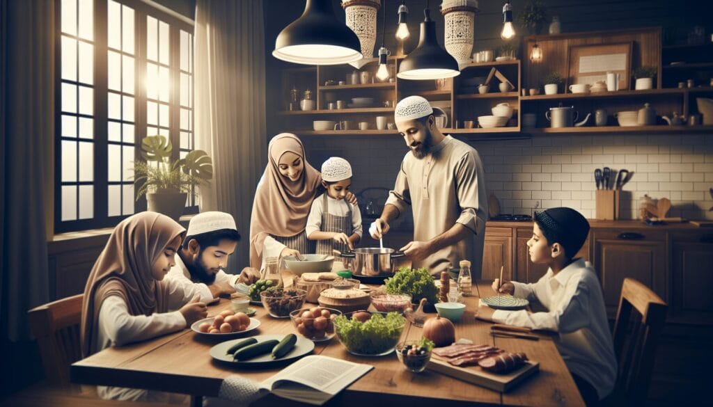 Muslim families efficiently prepare halal meals in a bright, educational kitchen setting.