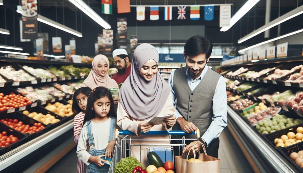 South Asian family shops for halal ingredients in a modern grocery store, kids help with the cart.