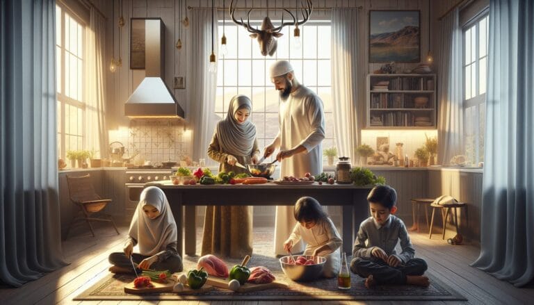 Family cooks halal meal together, highlighting Islamic lifestyle and education in a Western kitchen.