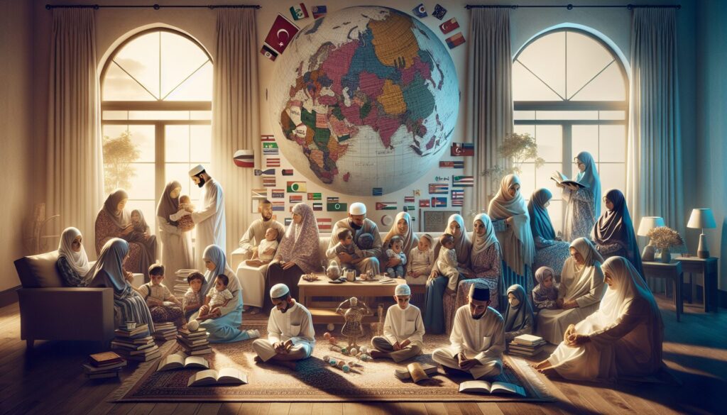 Diverse Muslim families in unique homes, showcasing varied Islamic lifestyles and beliefs.
