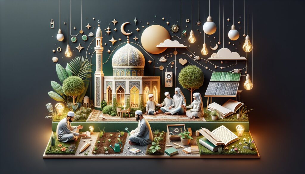 Muslim family in eco-friendly home, kids planting indoors, solar-powered mosque visible.