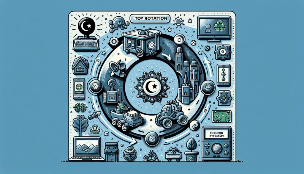 Toy rotation system illustration with eco-friendly toys, technology elements, and cultural motifs.