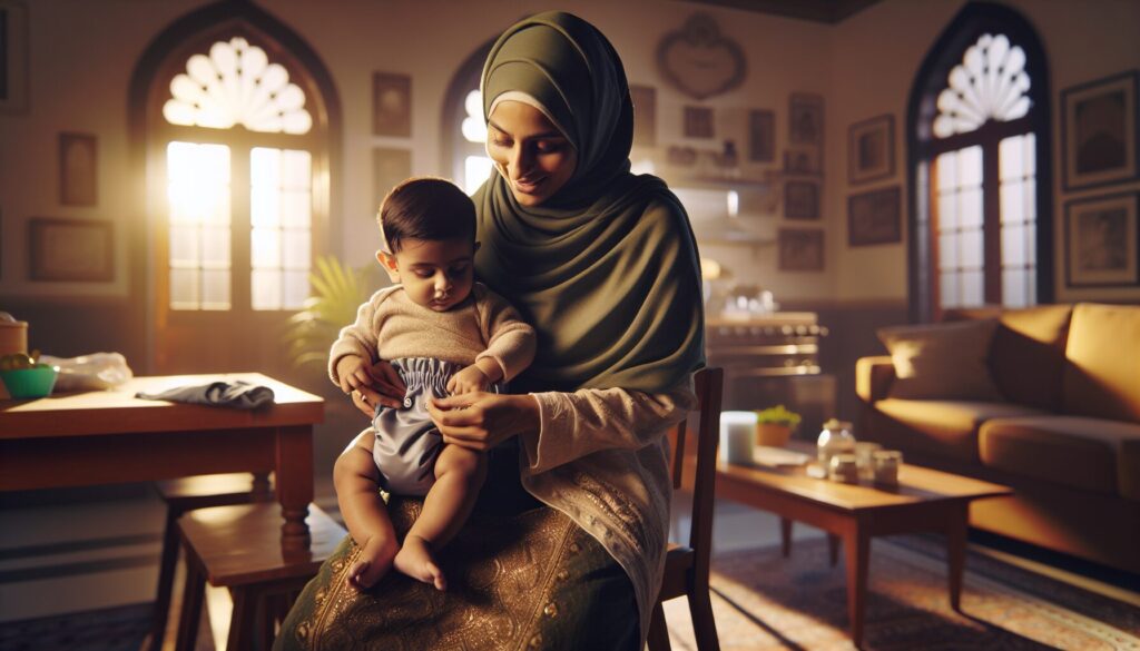 A South Asian mother and child explore cloth diapers in a cozy, eco-friendly modern home.
