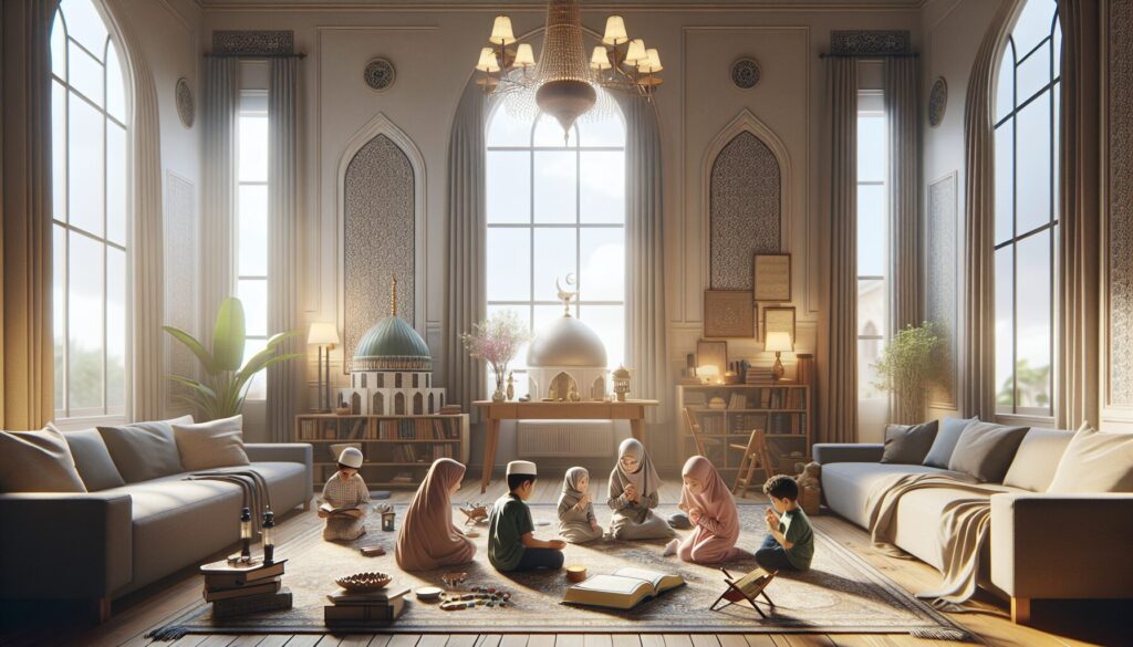 Children of diverse descent engage in Islamic study in a warm, Western-style home setting.