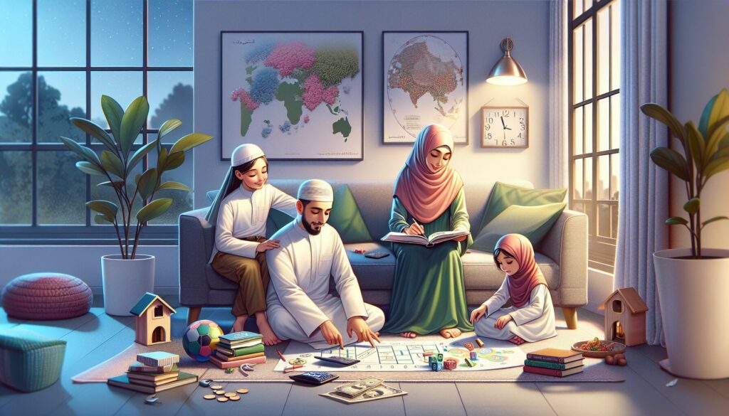Parents and kids planning Islamic weekends with books, toys, and a serene study corner.