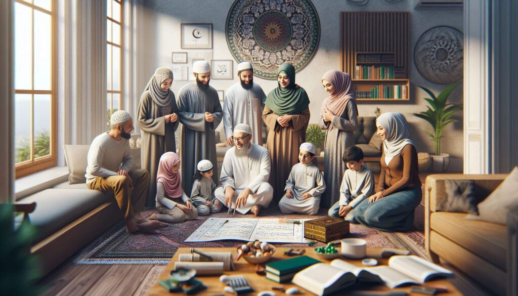 Diverse Muslim family planning weekend, surrounded by books and Islamic art in a warm setting.