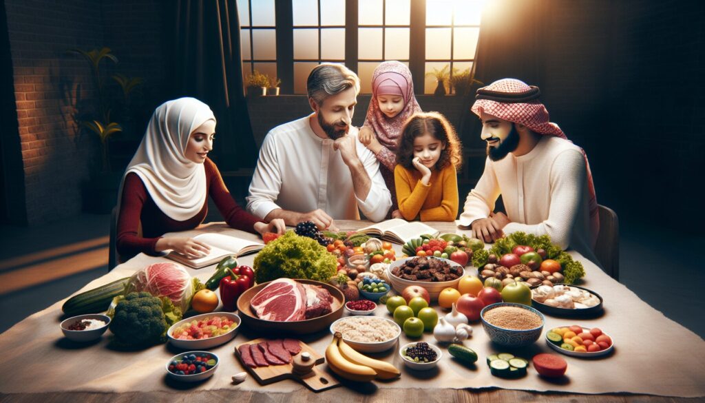 Islamic family planning halal meals at a table with diverse, nutritious foods and warm lighting.