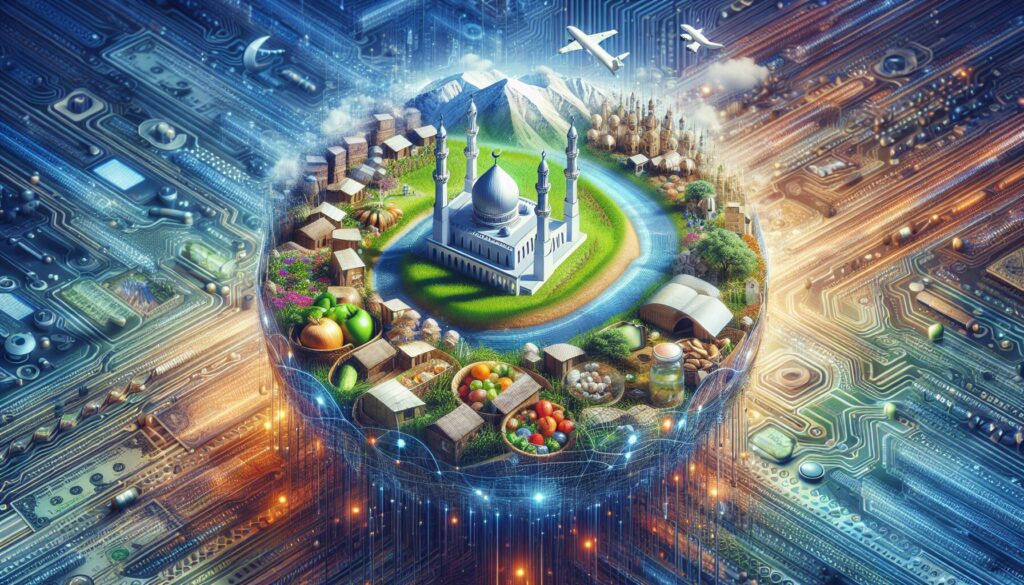 Muslim family using a tablet in a modern kitchen, surrounded by fresh ingredients for meals.