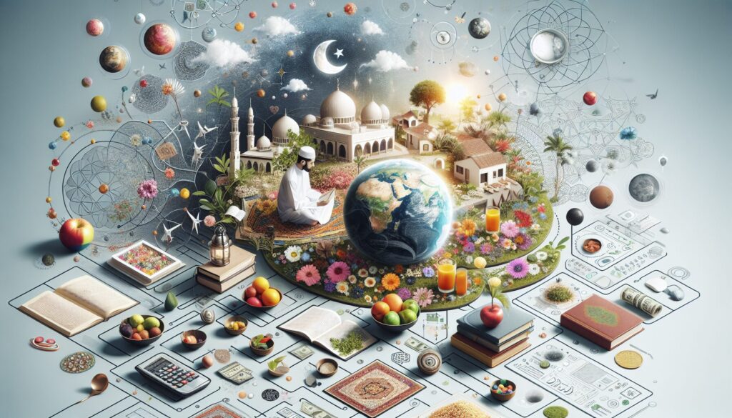 Muslim family kitchen with halal ingredients and digital meal planning tools on a wooden table.