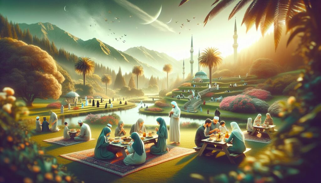 Muslim families of diverse ethnicities celebrate Eid outdoors in New Zealand's natural beauty.