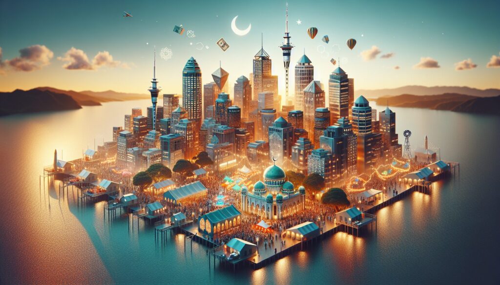 Auckland Eid celebration with vibrant lights, diverse people, and scenic natural backdrop.