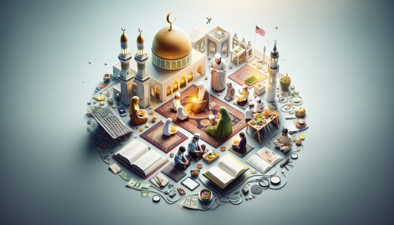 Muslim family celebrates Eid with prayer, festive meal, and technology in a modern, Western setting.