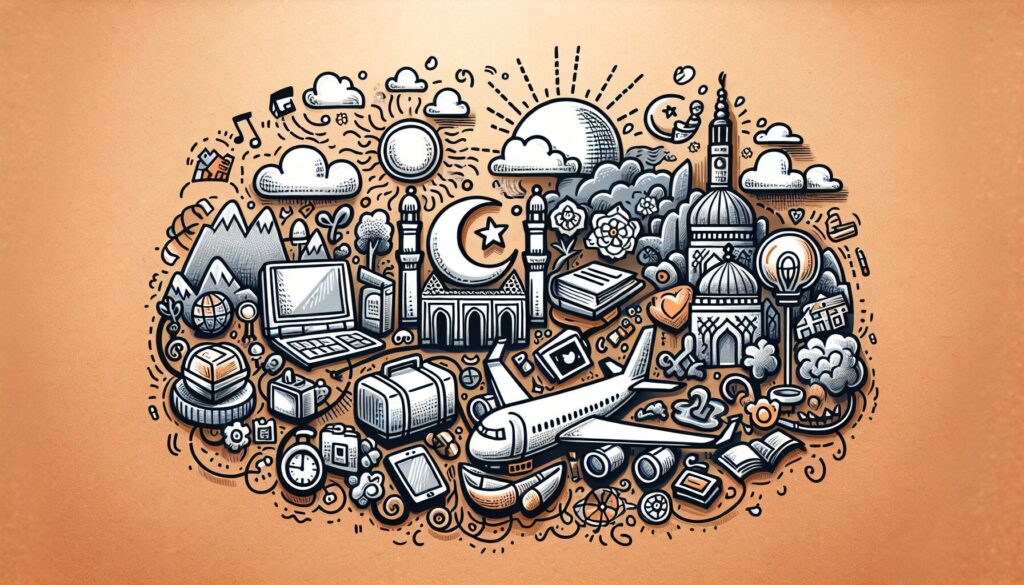 Muslim kids engaging with tech and nature amid Islamic artifacts in a serene, light-filled setting.