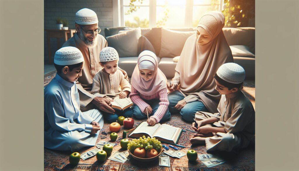 Family of diverse ages engaging in Islamic educational activity under natural lighting.