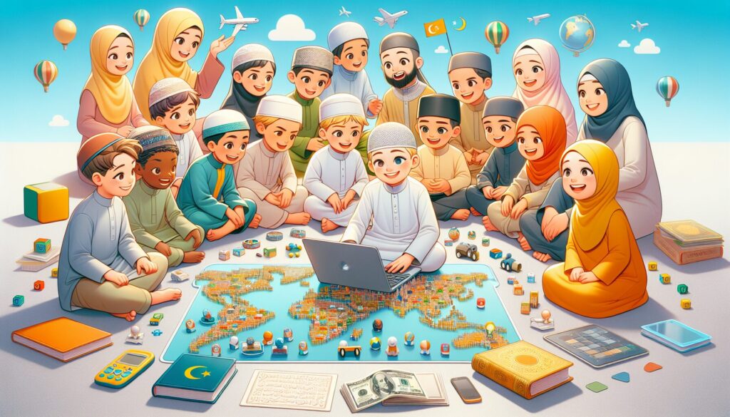Children of diverse backgrounds engaged in educational Islamic activities, reflecting unity and learning.