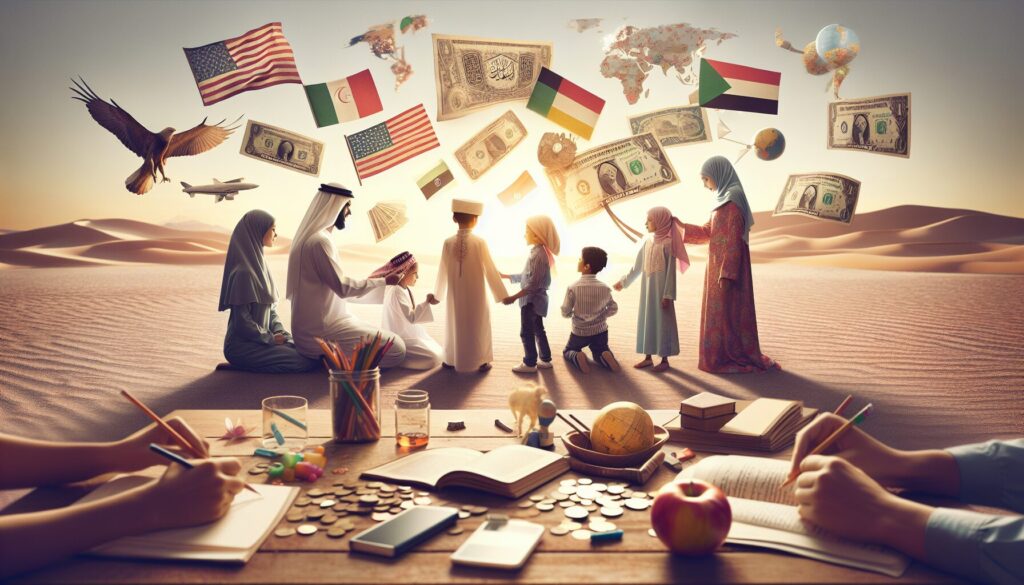 A serene family picnic blends Islamic cultural items with Western educational symbols.