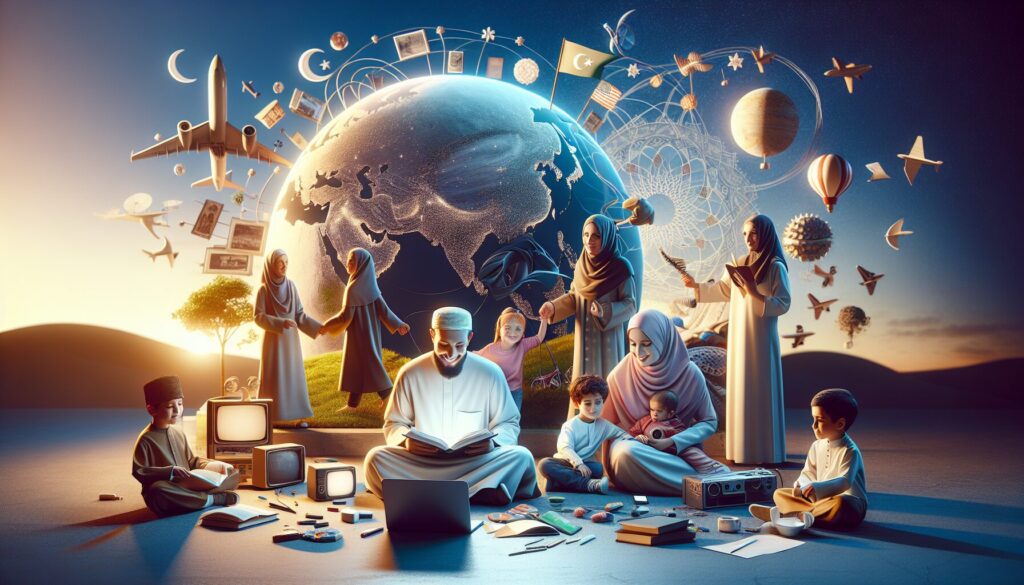 Family of diverse backgrounds enjoying a blend of Islamic and Western cultural activities outdoors.