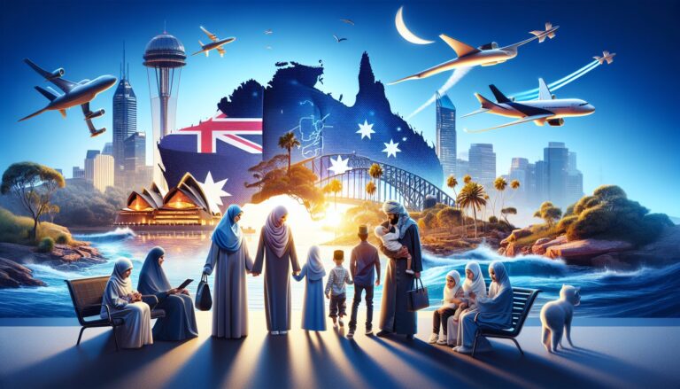 Muslim family engaging with technology amid Australia's natural backdrop, symbolizing Islamic values.