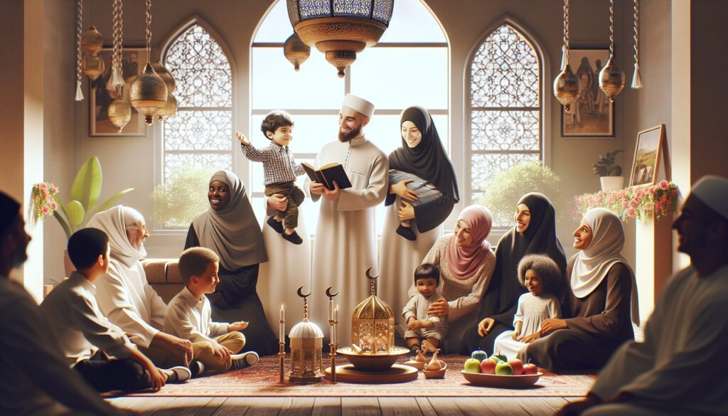 Diverse Muslim families celebrate an Islamic holiday, highlighting education and lifestyle harmony.