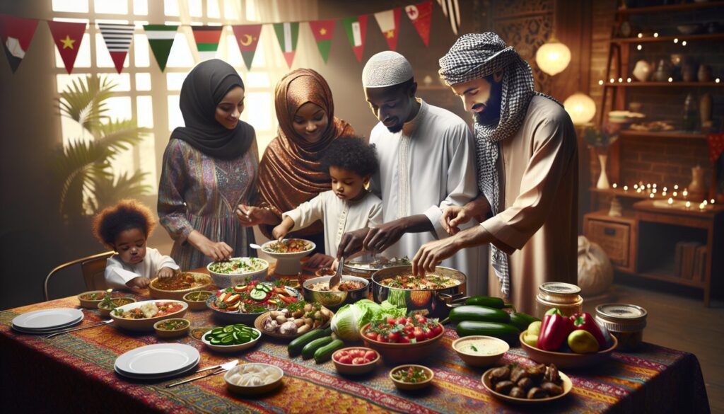 Family joyfully preparing diverse Islamic holiday dishes on a patterned tablecloth.