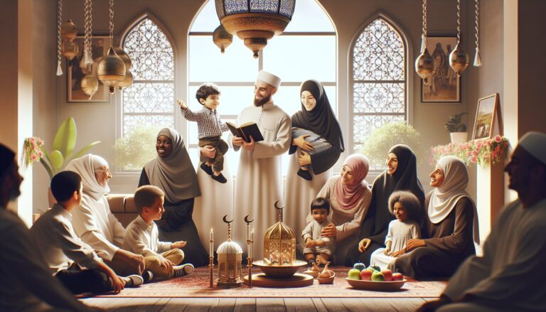 Diverse Muslim families celebrate an Islamic holiday, highlighting education and lifestyle harmony.