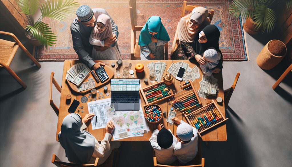 Muslim family joyfully plans a holiday budget with a laptop and abacus at a dining table.