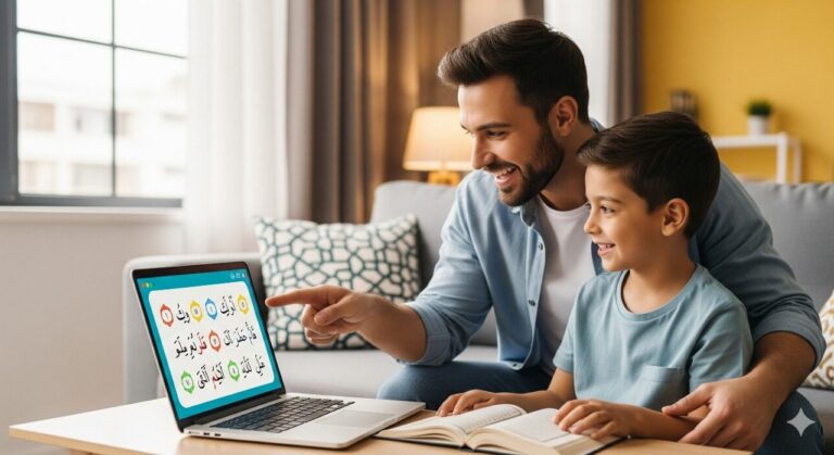 A smiling Muslim father and son taking an engaging online noorani qaida and Quan class on a laptop at home.
