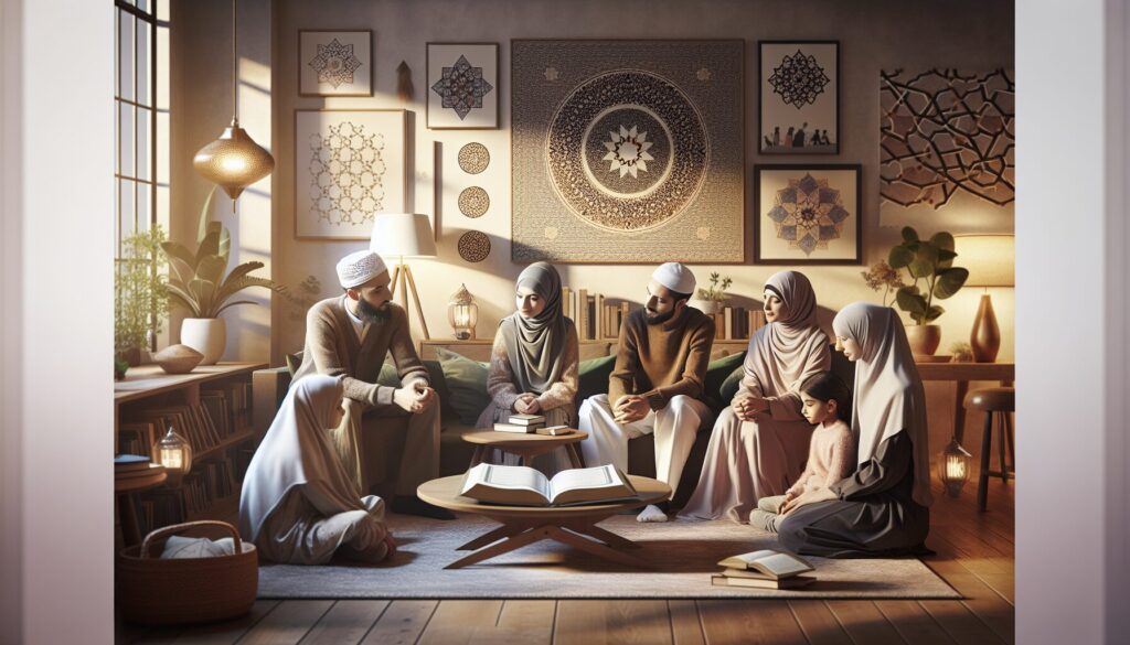 Diverse family discussing around a table with an open Quran in a warmly lit living room.