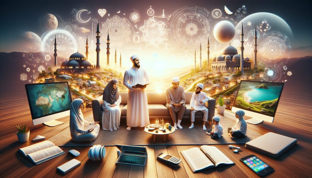 Middle-Eastern family sharing a conversation over dinner, surrounded by books and a tablet.