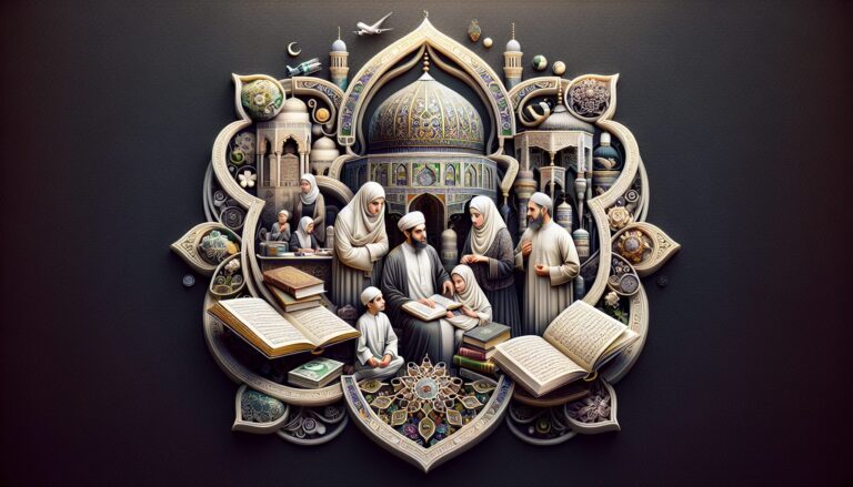 Middle-Eastern family discussing Islamic education amid beautiful Islamic architecture.