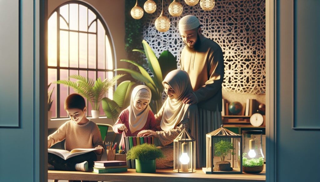 Muslim family in a warm room, studying and recycling, surrounded by Islamic art patterns.