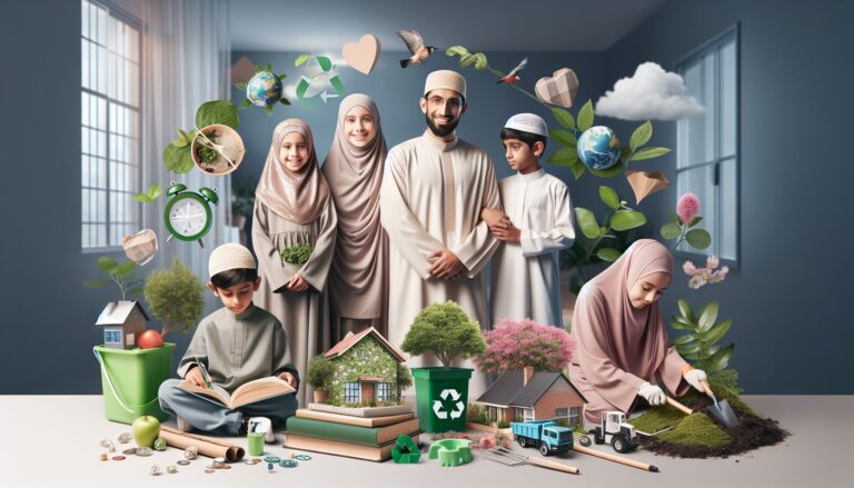 Muslim family and children recycling, planting trees, and reading environmental books.