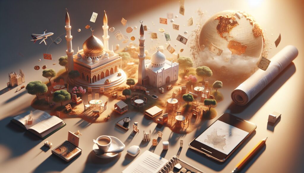 A Muslim family enjoys a serene moment outdoors, surrounded by nature and modern tech elements.