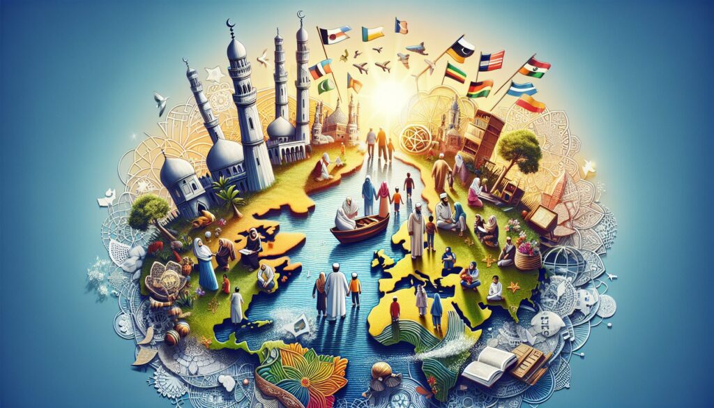 Diverse group sharing a meal in a garden, symbolizing interfaith harmony and Islamic traditions.