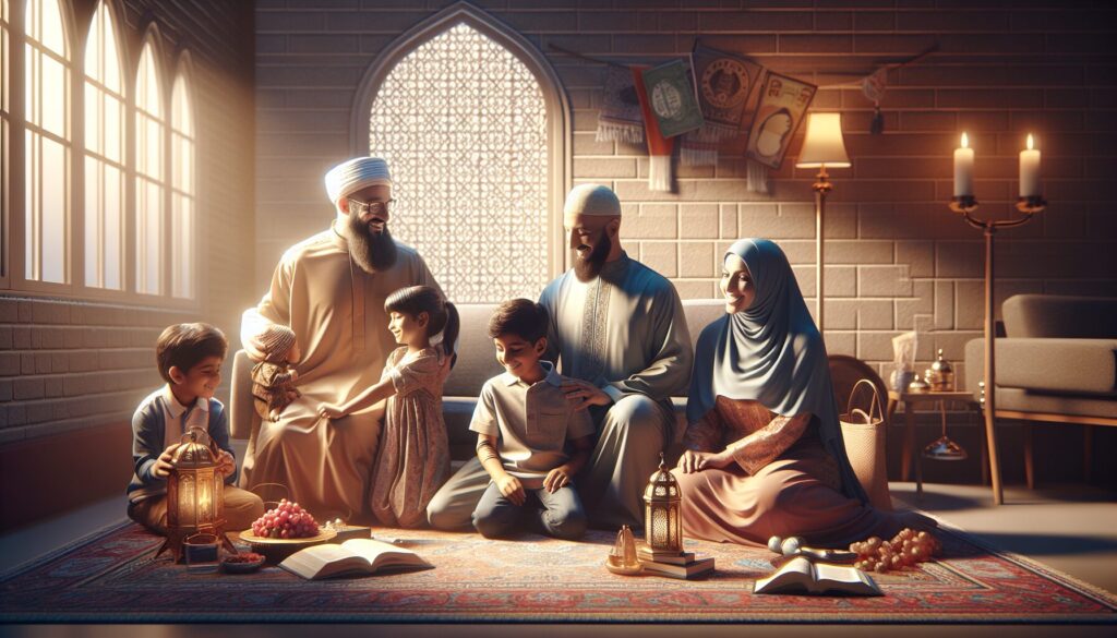 A diverse family joyfully celebrates an Islamic holiday tradition together in a warmly lit room.