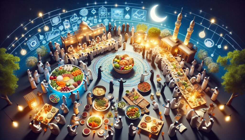 Families celebrate in a warmly lit room with traditional Islamic decor and shared meals.