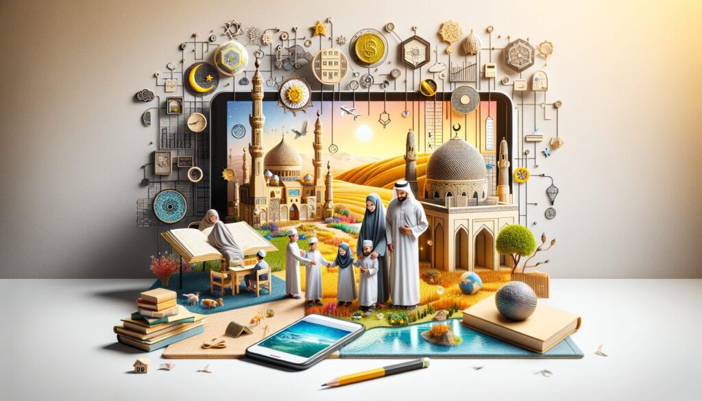 A Muslim family engaging in educational activities with tablets in a serene natural setting.