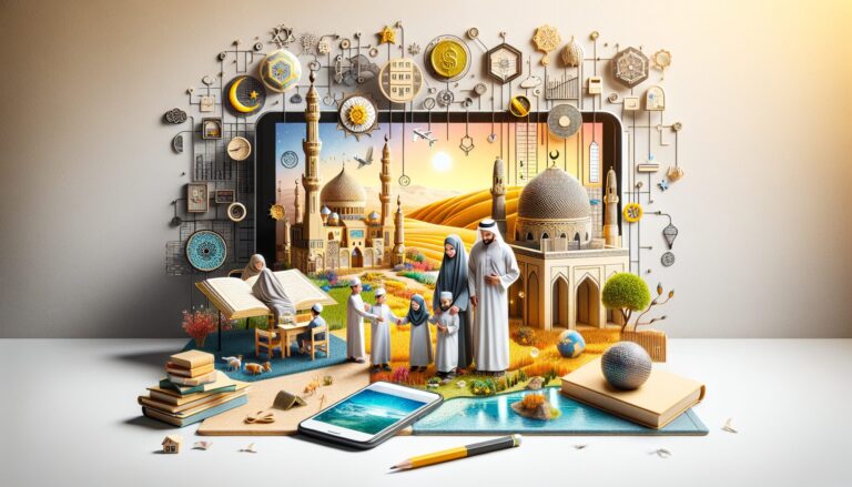 A Muslim family engaging in educational activities with tablets in a serene natural setting.