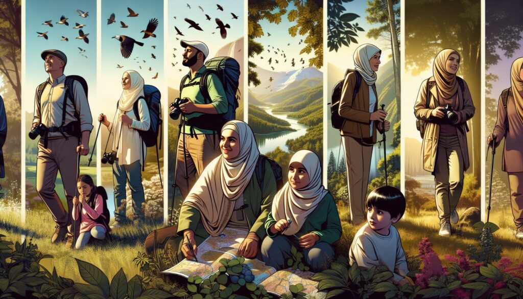 Muslim families of diverse backgrounds enjoying nature while embodying Islamic values.