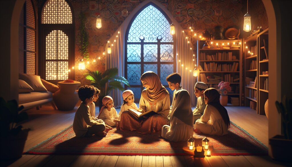 A Middle-Eastern woman engaging kids in Islamic storytelling in a cozy, well-lit home setting.