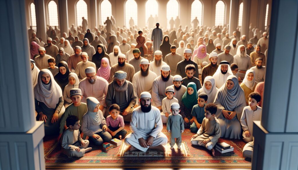 Diverse Muslim families engage in Islamic activities at a mosque community event.