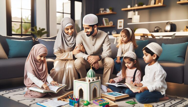 Muslim family engaged in Islamic educational activities at home, blending tradition and modernity.